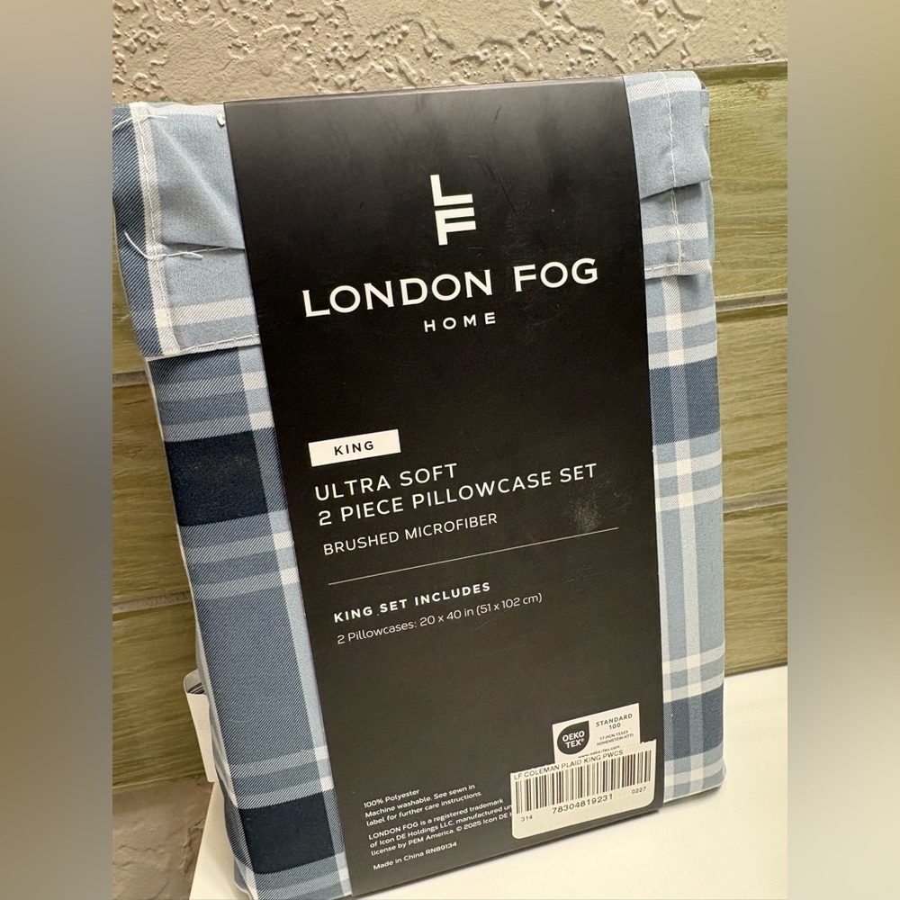 London Fog Home Plaid Pillowcase Set - Blue and White KING SIZE - Picture 2 of 2
